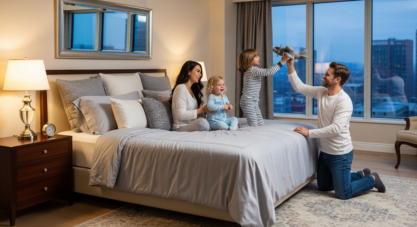 family enjoying on family bed 