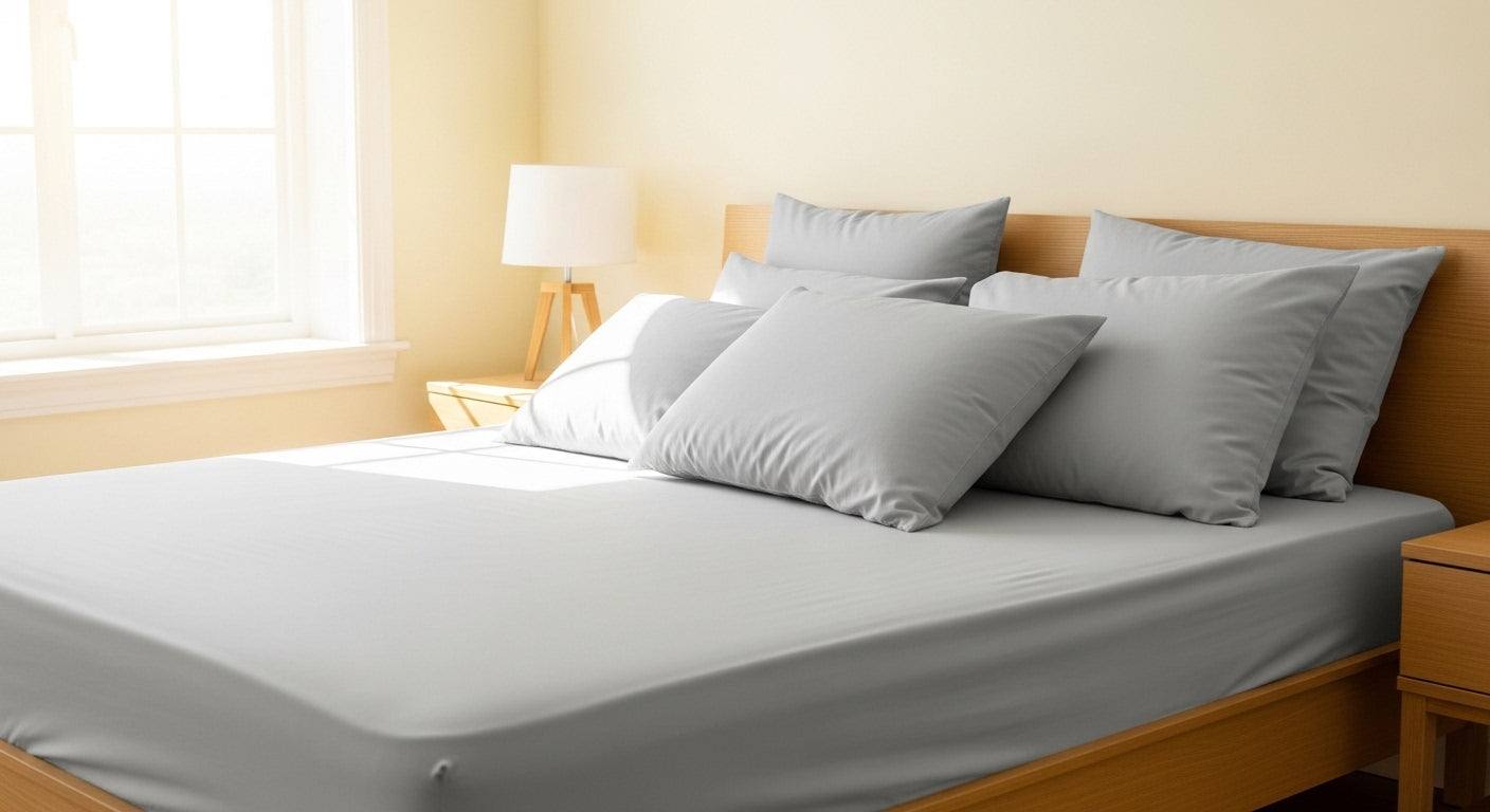 alaskan king fitted sheet nicely spread on the bed in bright room