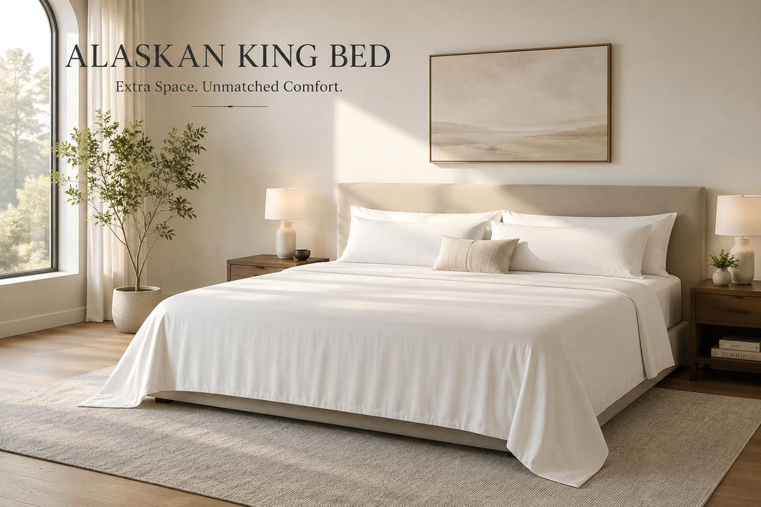 Alaskan King bed styled in a spacious minimalist master bedroom with morning light