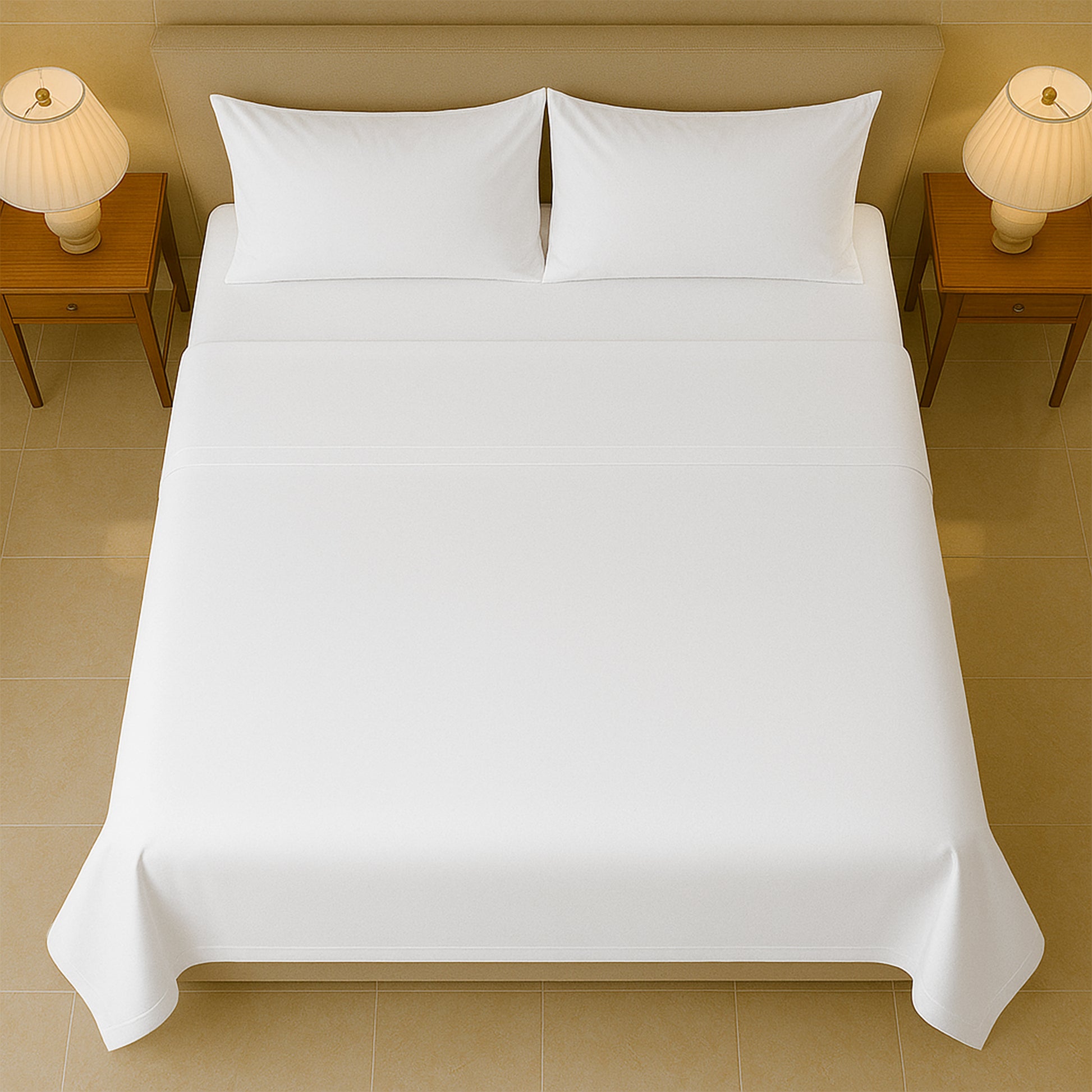 Soft 400 count thread sheets in white color folded on queen size mattress