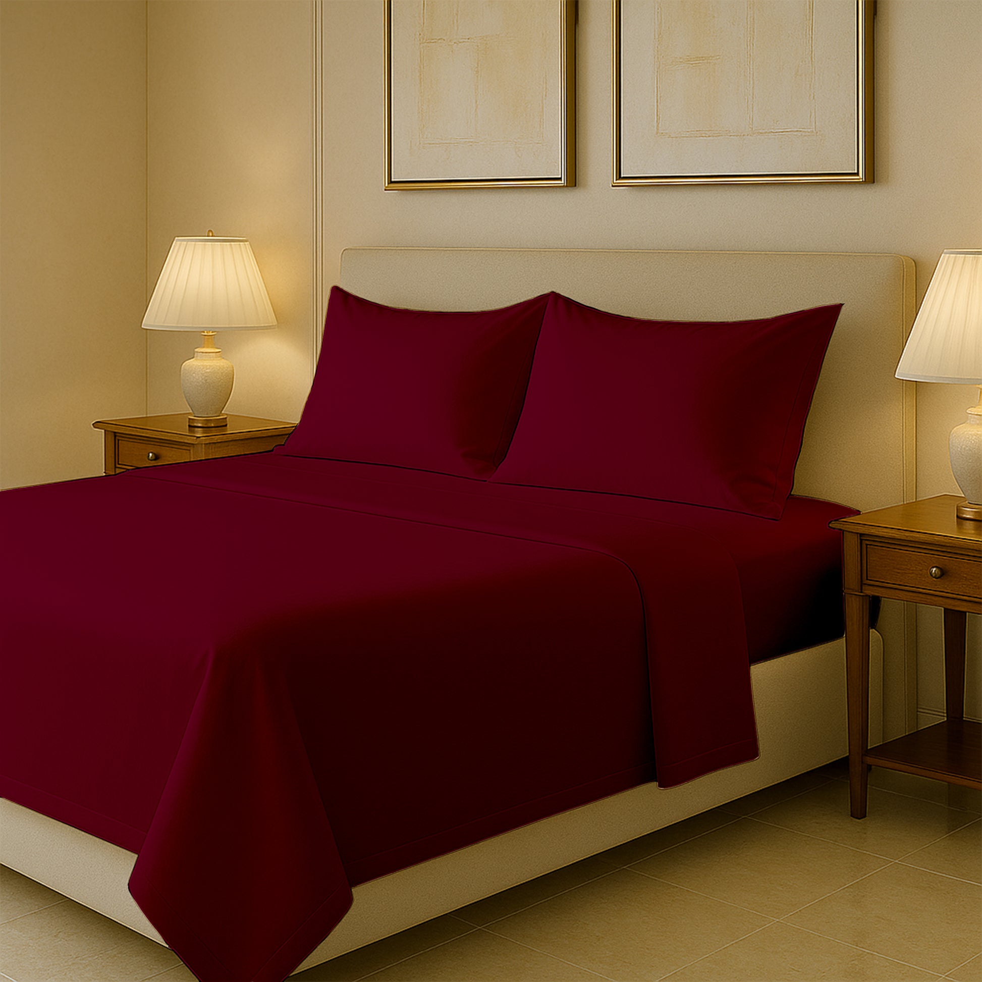 Luxury 400 thread count Egyptian cotton bed sheets neatly spread on queen size bed
