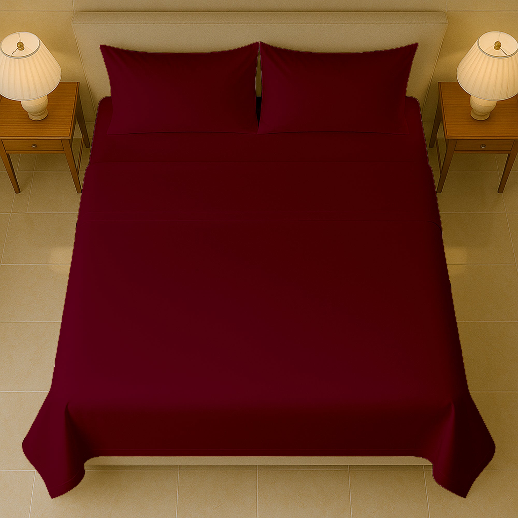 Soft 400 count thread sheets in burgundy color folded on queen size mattress