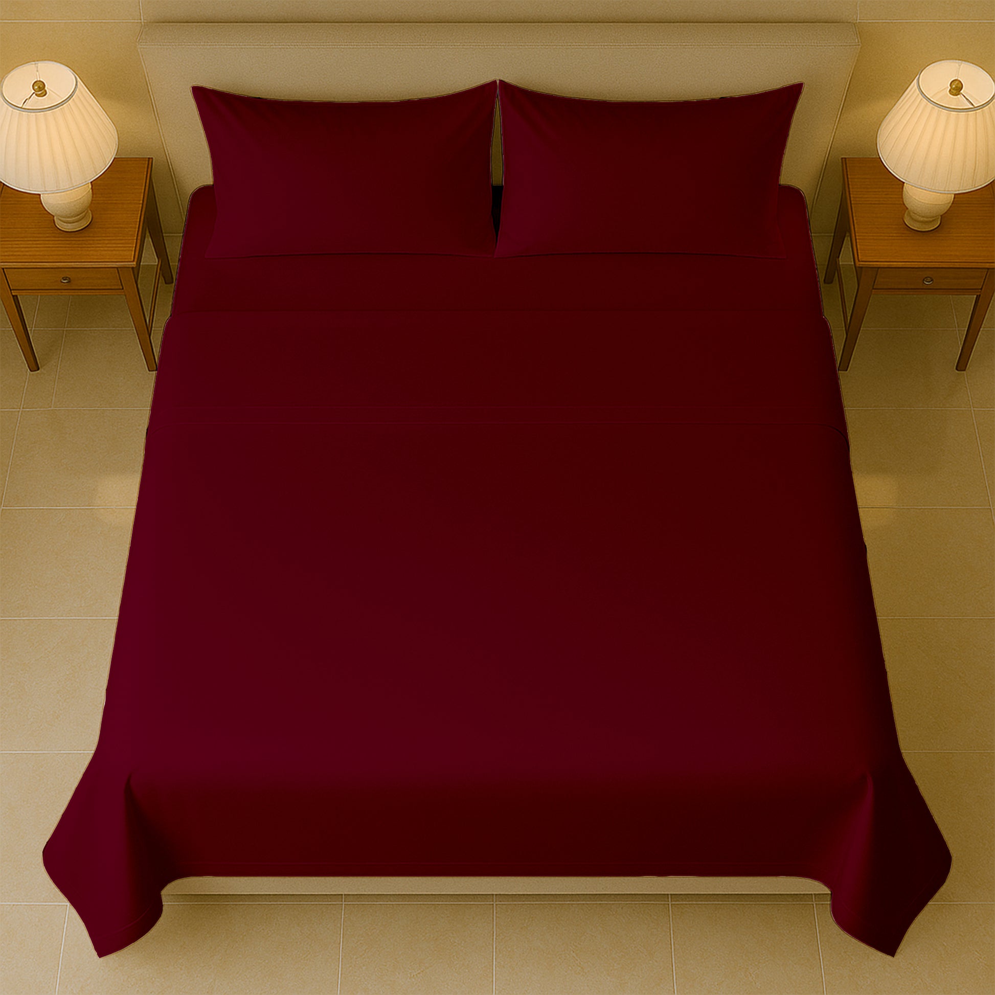 Soft 400 count thread sheets in burgundy color folded on queen size mattress