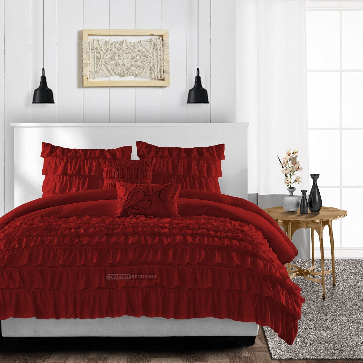 Burgundy Ruffle Duvet Cover Set