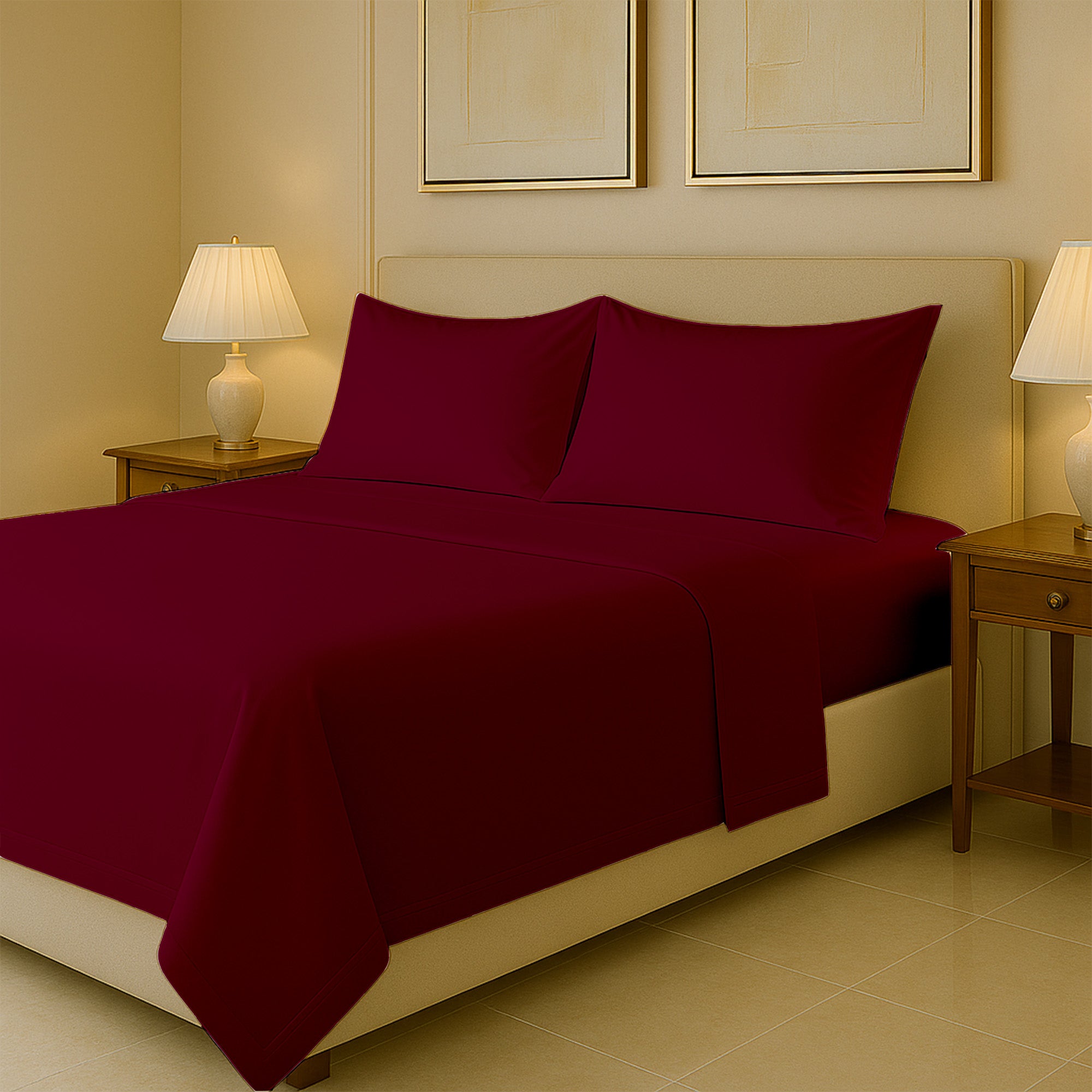 Luxury 1000 TC sheets in white cotton fabric displayed on king size bed