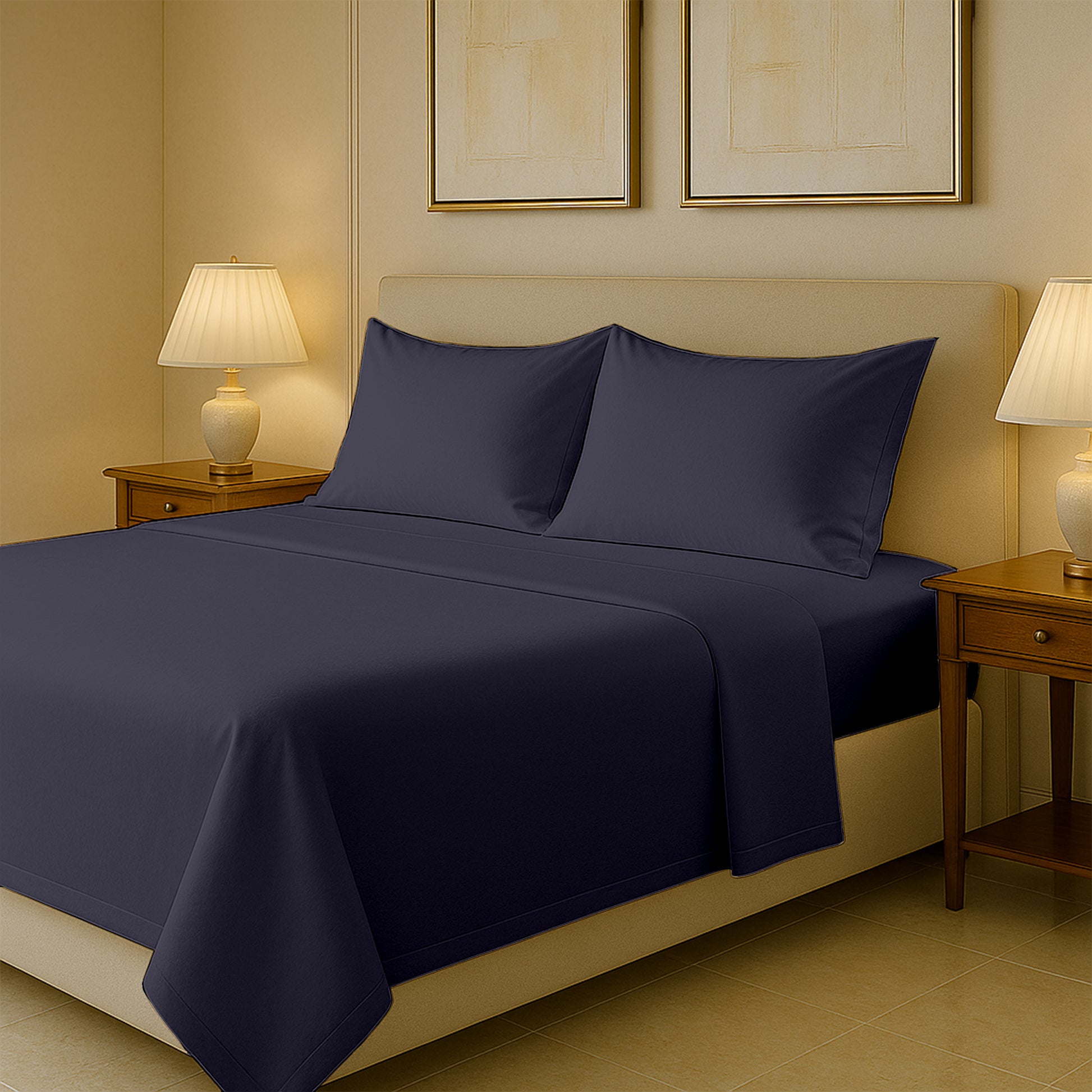 Soft 400 count thread sheets in Dark Grey color folded on queen size mattress