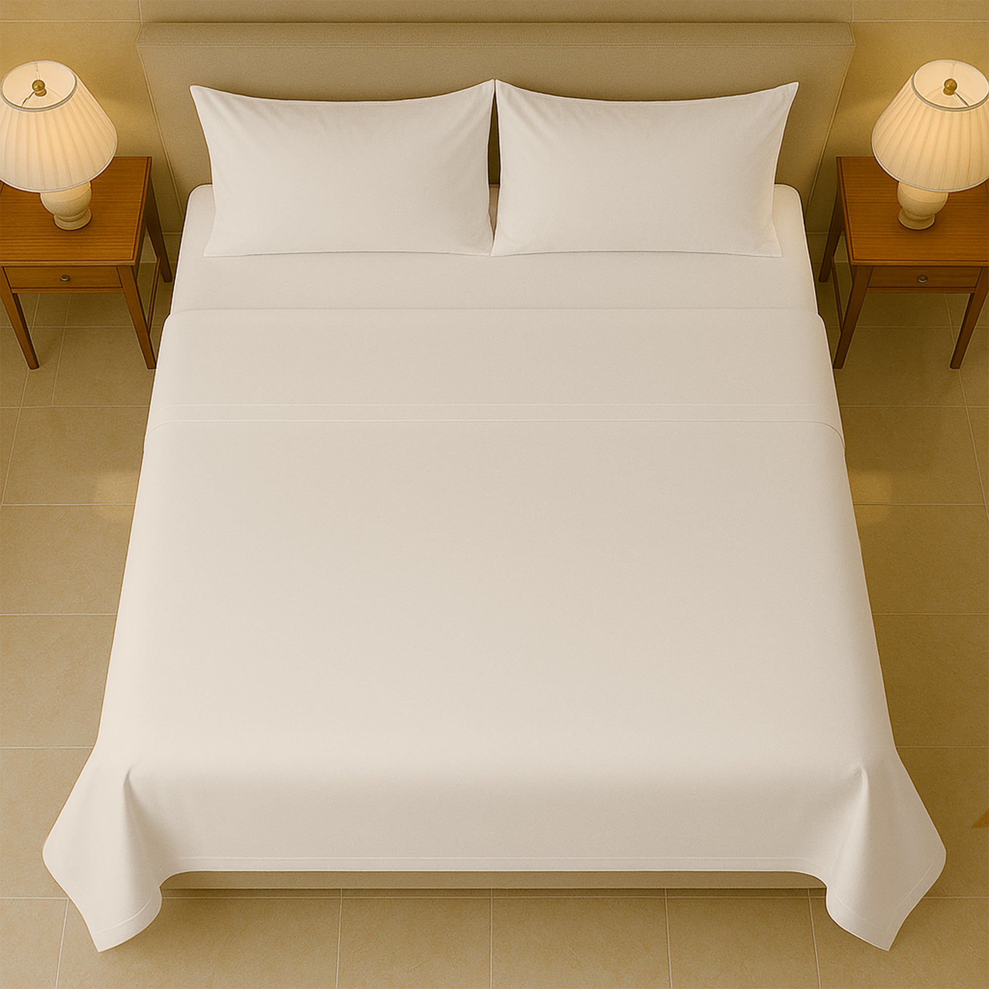  Luxury 400 thread count Egyptian cotton bed sheets neatly spread on queen size bed