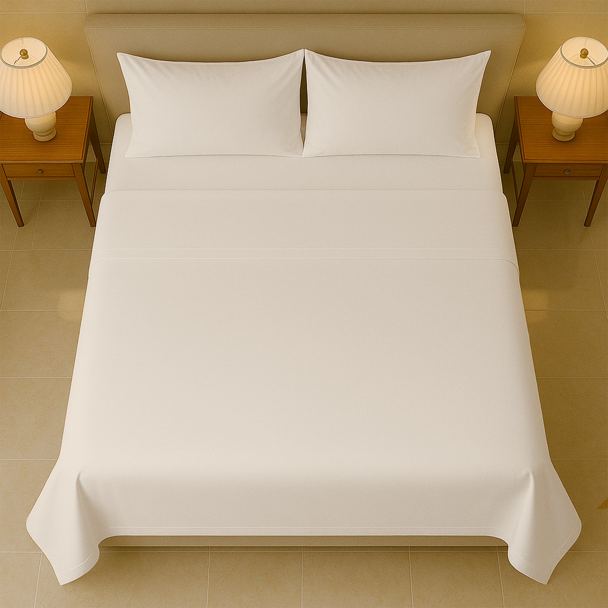  Luxury 400 thread count Egyptian cotton bed sheets neatly spread on queen size bed