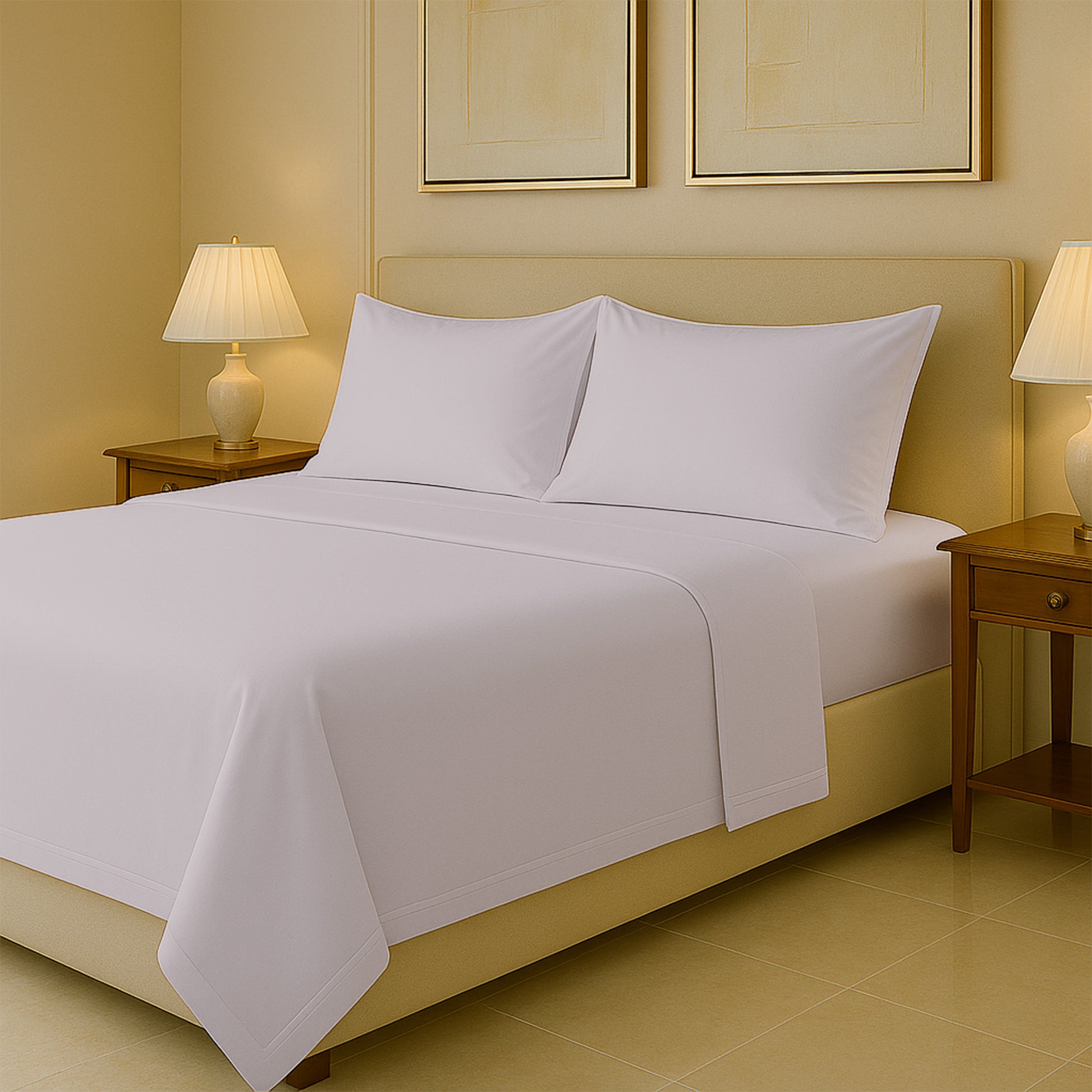 Luxury 1000 TC sheets in white cotton fabric displayed on king size bed
