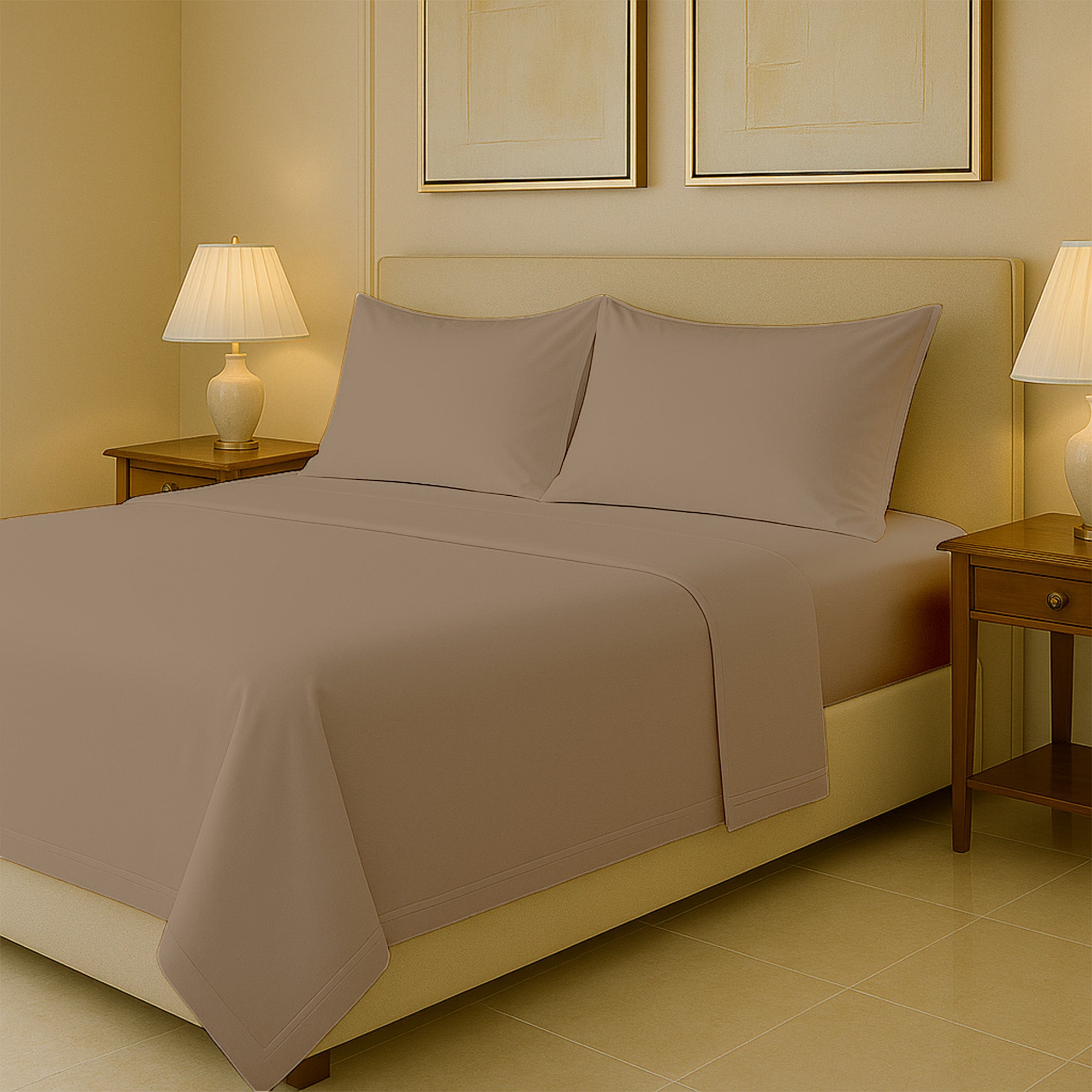 Elegant 1000 thread count cotton sheet set styled on king bed for luxury bedroom look