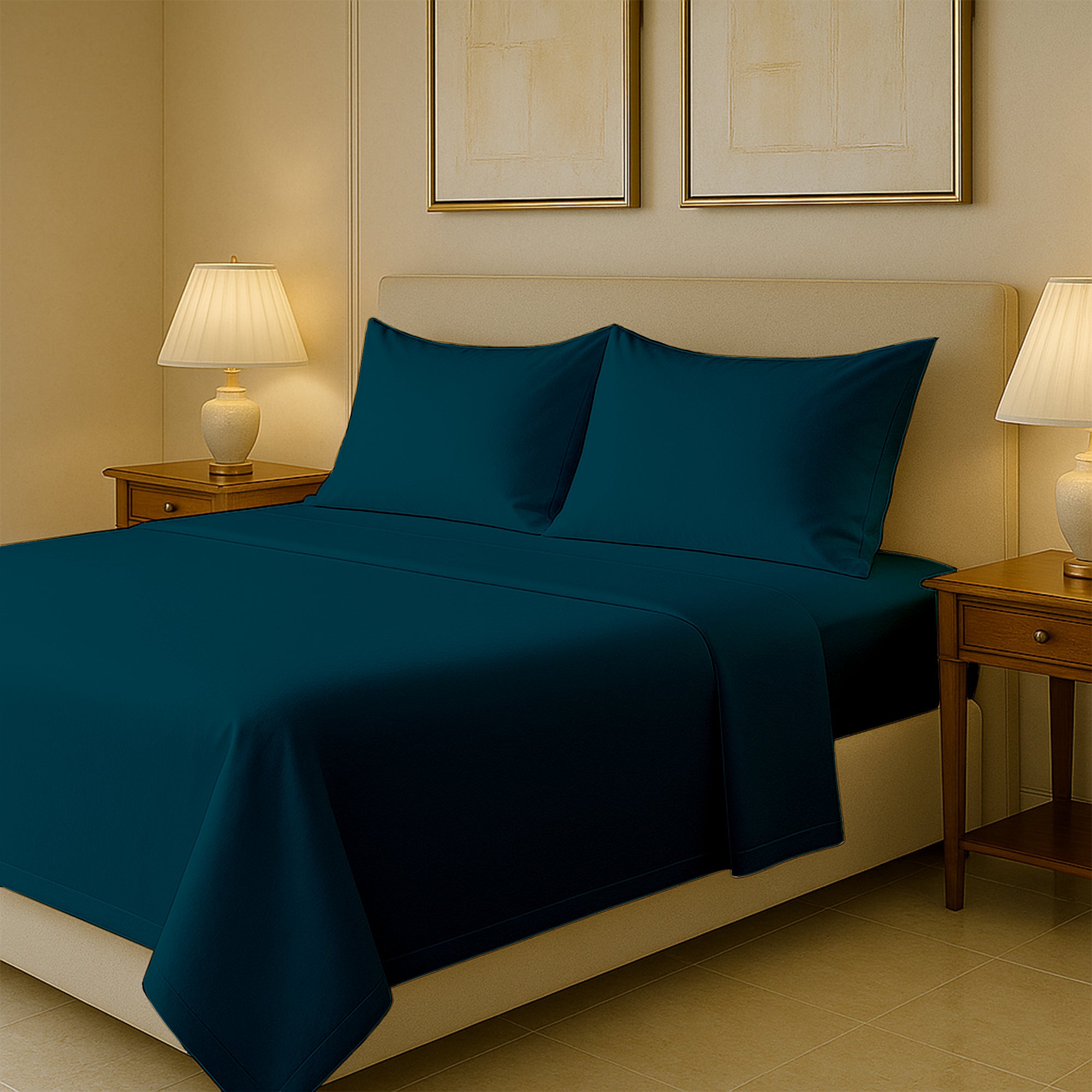 Luxury 400 thread count Egyptian cotton bed sheets neatly spread on queen size bed