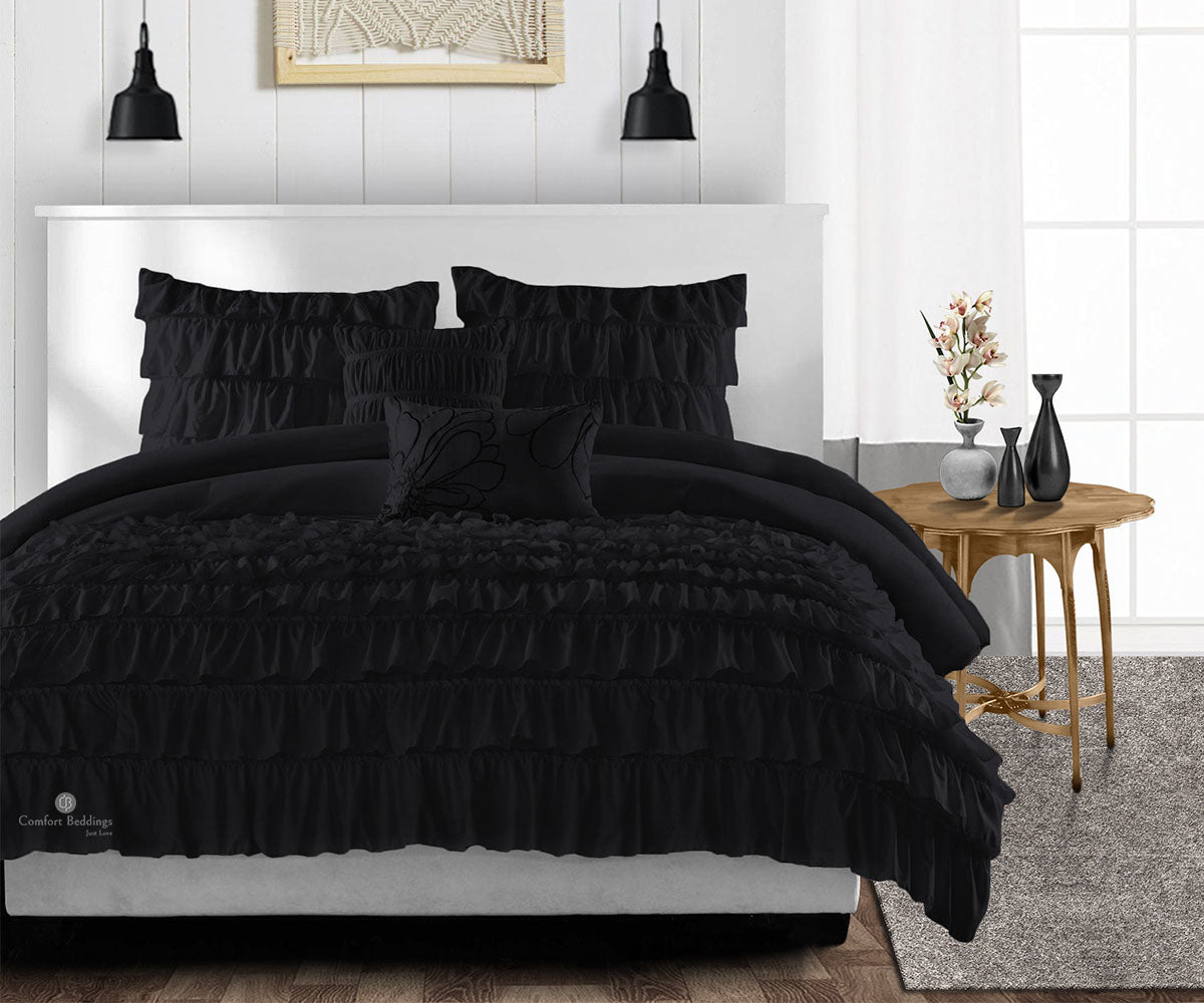 Rich 100% Cotton Black ruffled comforter