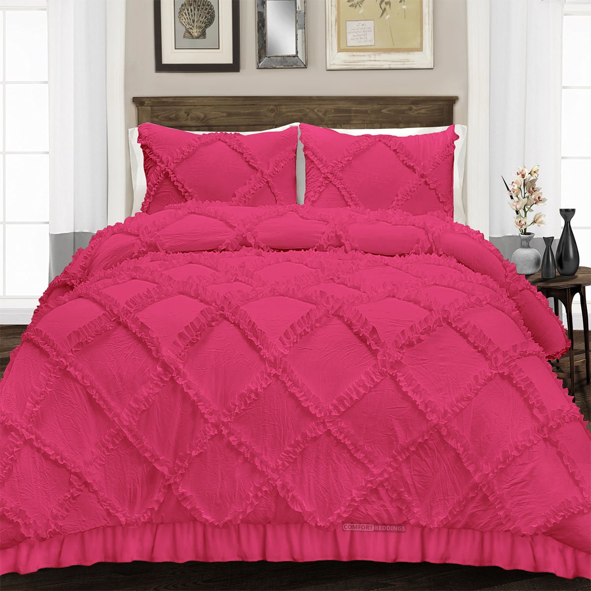 Luxurious Hot Pink diamond ruffled Duvet Cover And Pillowcases