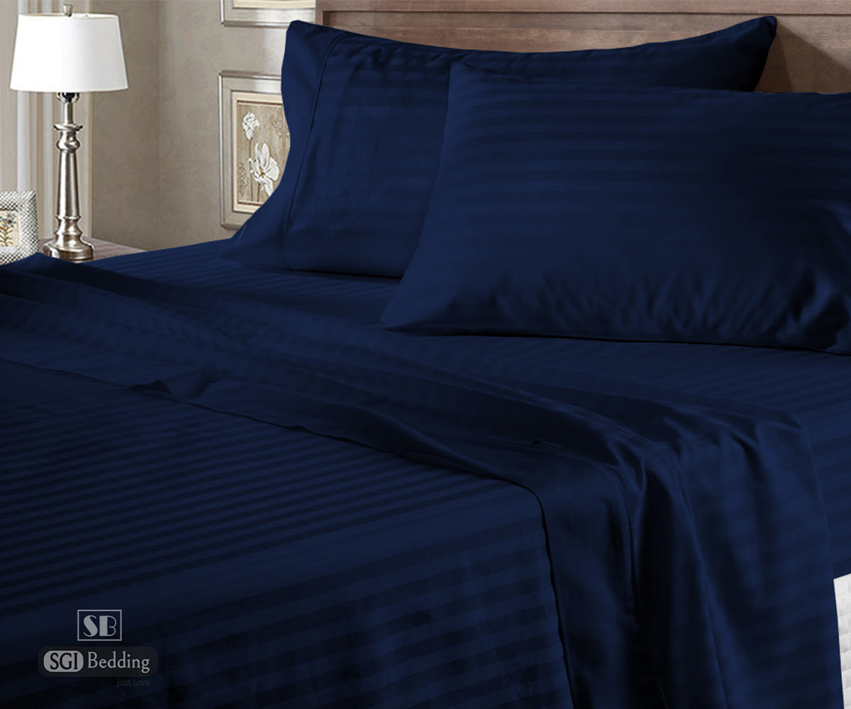 Luxury Navy Blue Stripe Flat Sheets 100% Egyptian Cotton