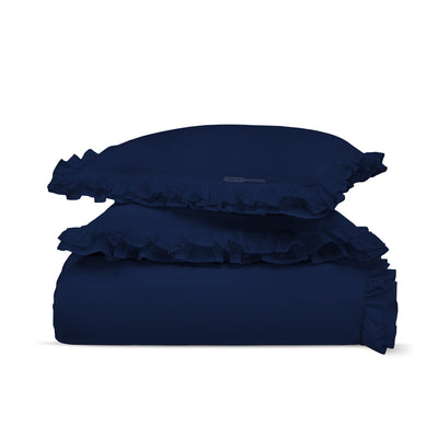Luxury Navy Blue Trimmed Ruffle Duvet Cover Set