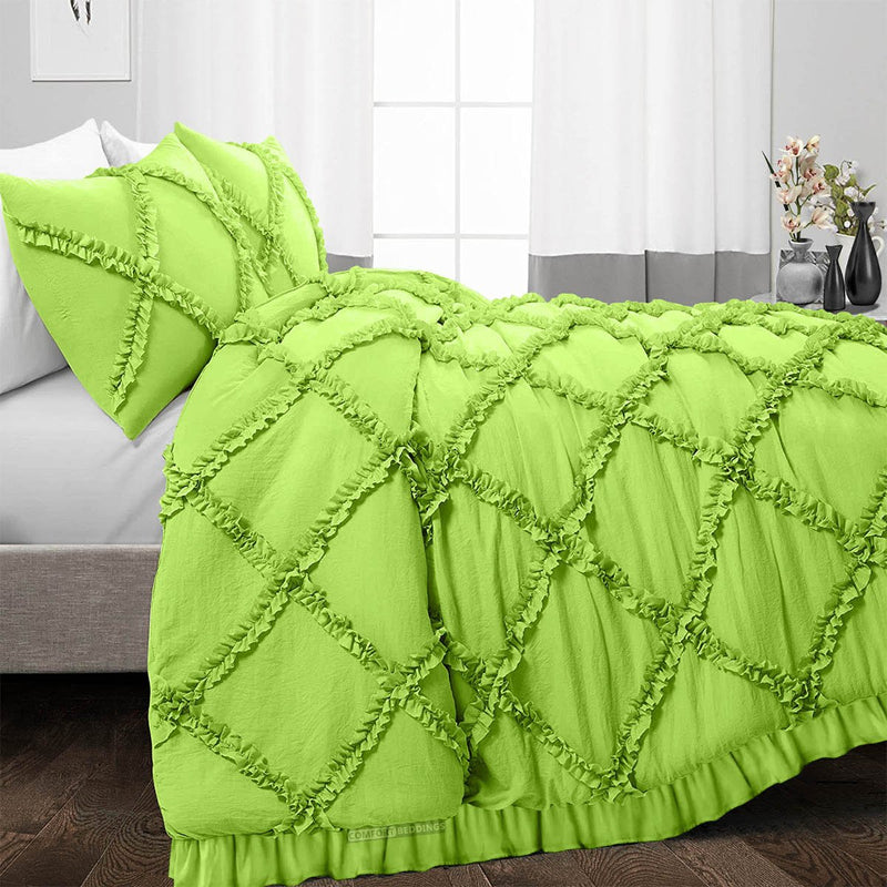 Luxurious Parrot Green diamond ruffled Duvet Cover And Pillowcases