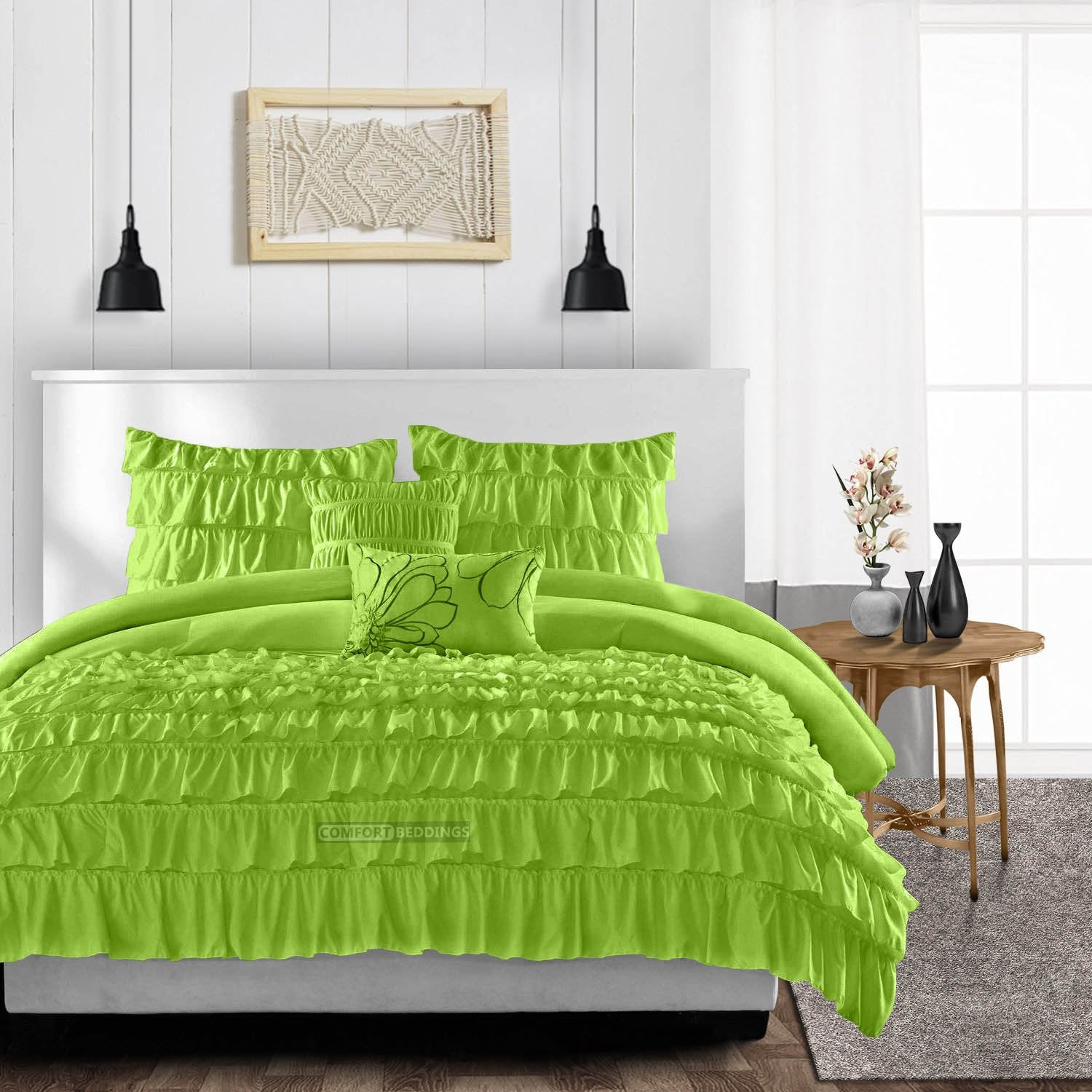 Luxurious Parrot Green Ruffle Duvet Cover Set