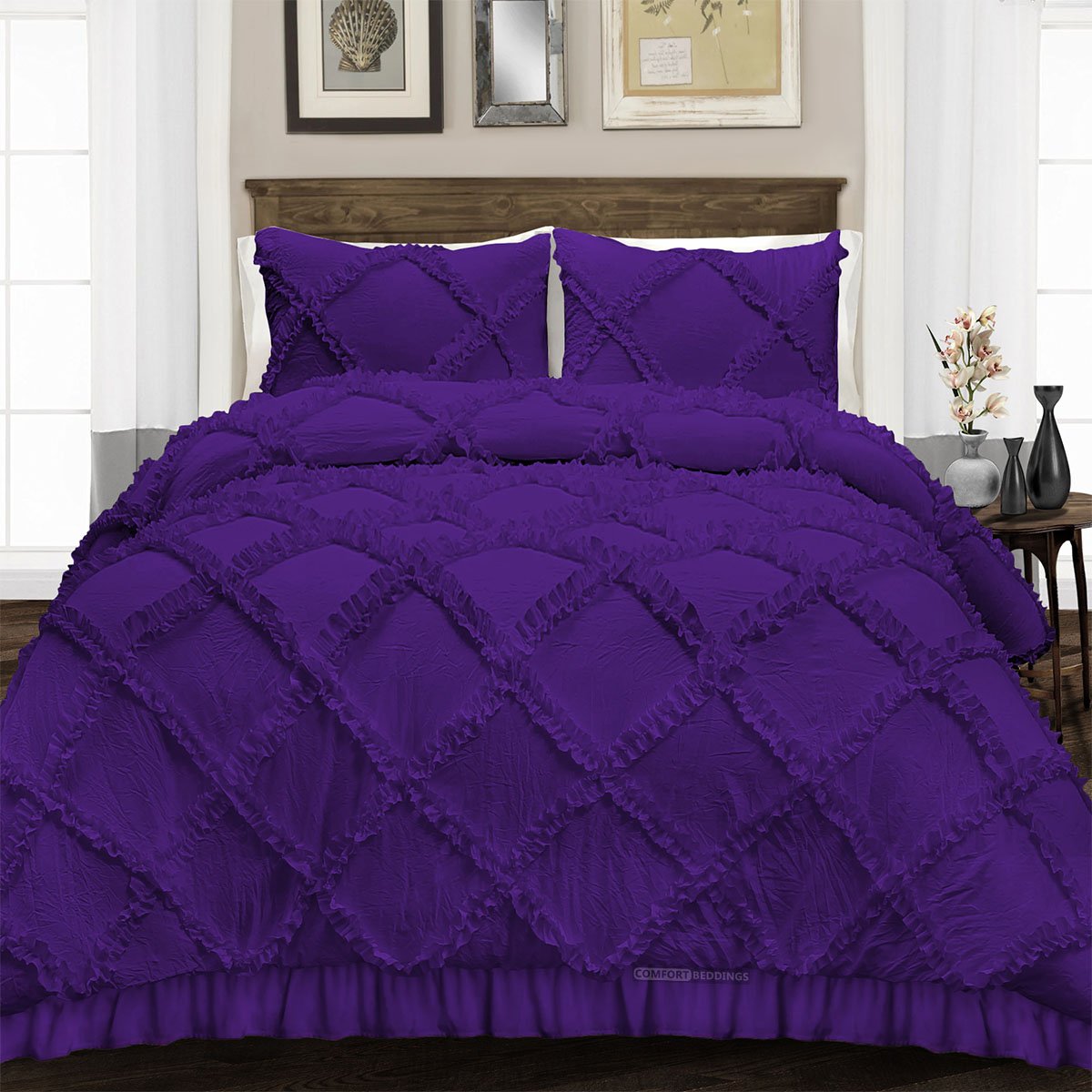 Luxurious Purple diamond ruffled Duvet Cover And Pillowcases