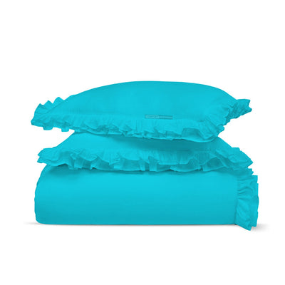 100% Egyptian Cotton Turquoise Blue Trimmed Ruffle Duvet Cover Set