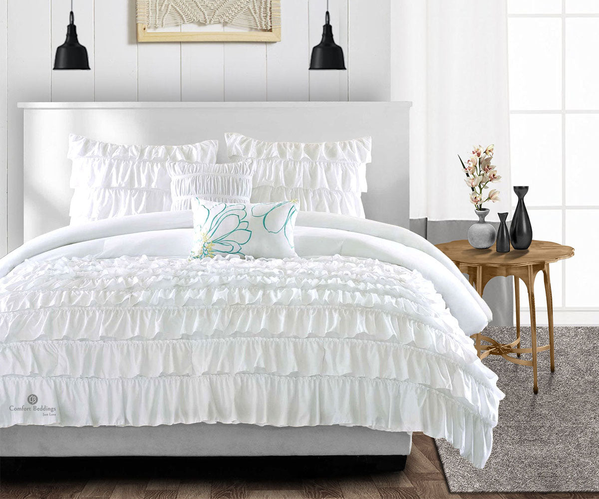 Luxury white ruffled comforter