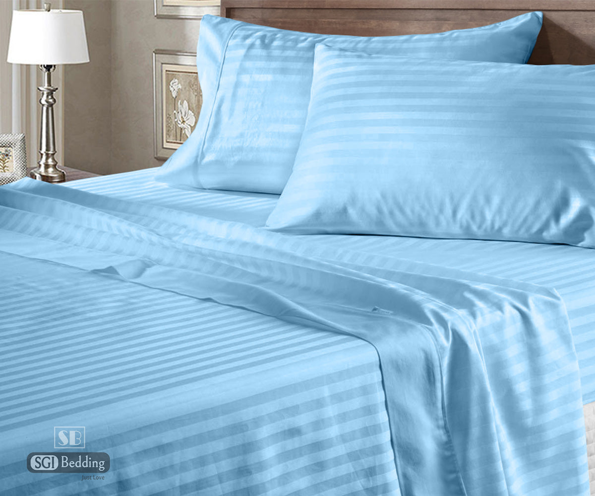 Luxury Light Blue Stripe Flat Sheets Set